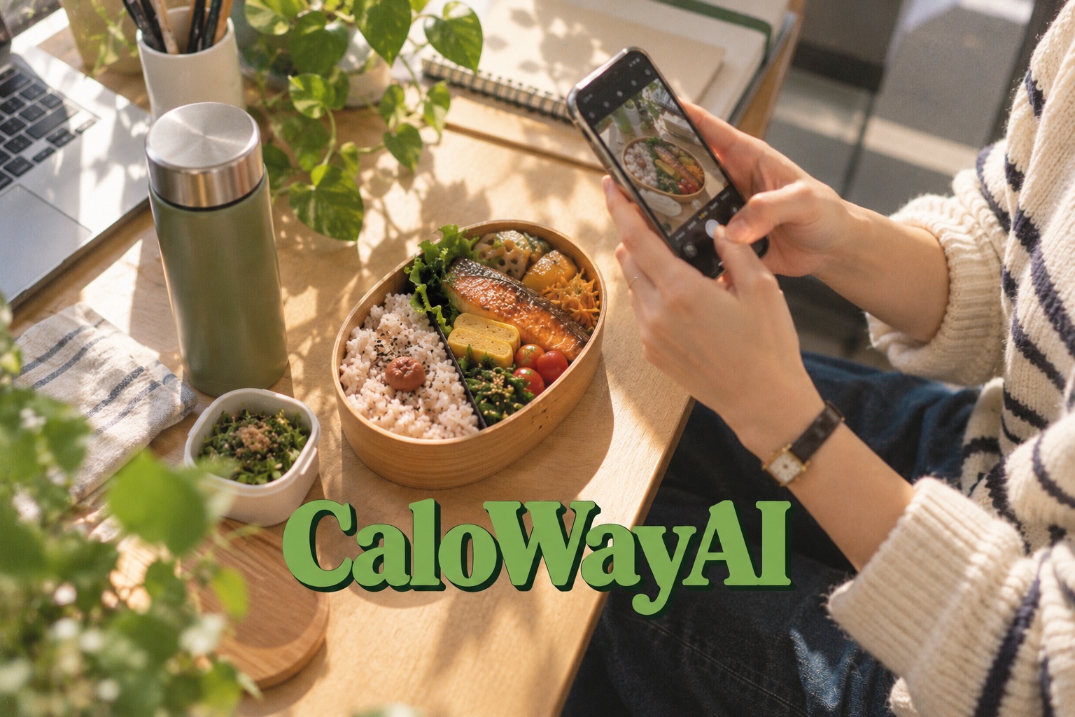 日差しの入るデスクで弁当をスマートフォン撮影。緑のCaloWayAIロゴ。