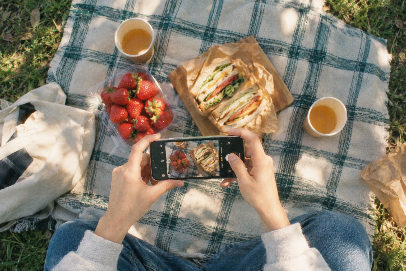 木漏れ日の下、サンドイッチといちごのピクニックランチをスマートフォンで撮影