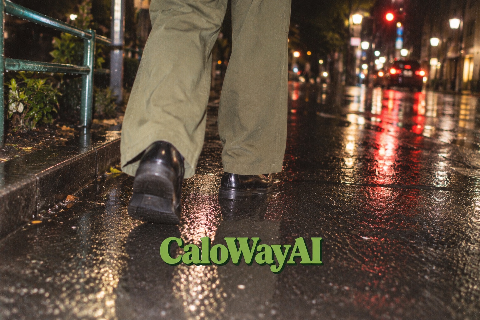 雨上がりの街を歩く足元と緑のCaloWayAIロゴ