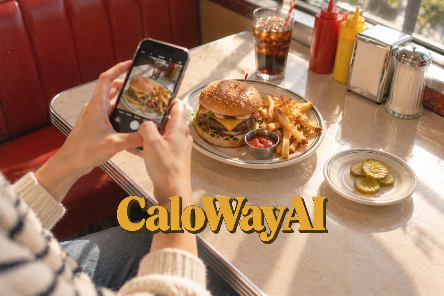 午後の光が差すダイナーでハンバーガーをスマートフォン撮影。黄色のCaloWayAIロゴ。