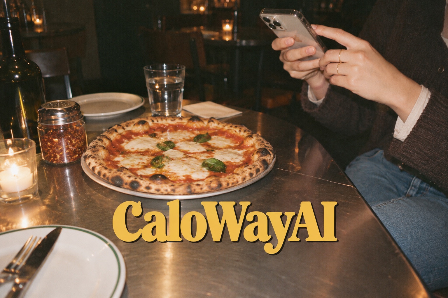 あたたかい灯りの店でピザを撮影する、CaloWayAIロゴ入り写真